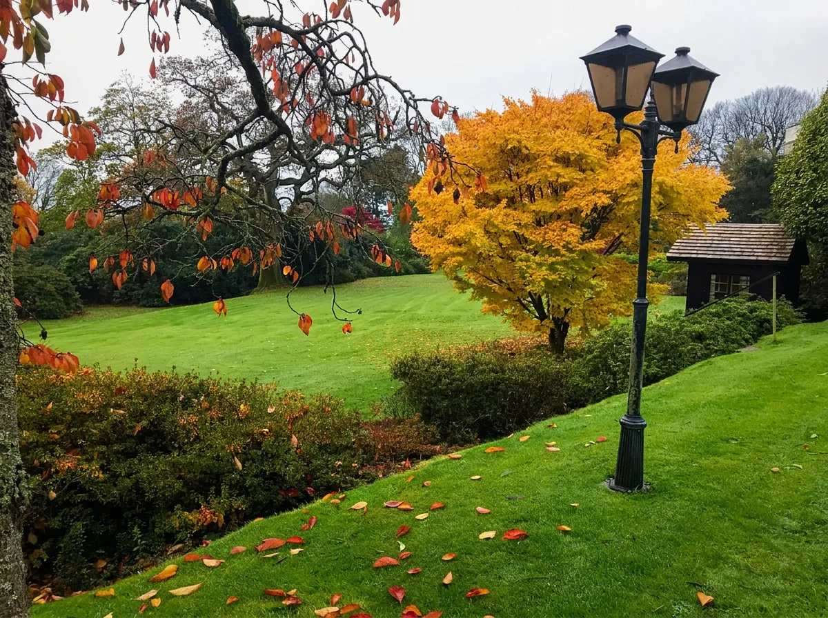 Maintained Cornish garden with rich autumn colour and a healthy lawn