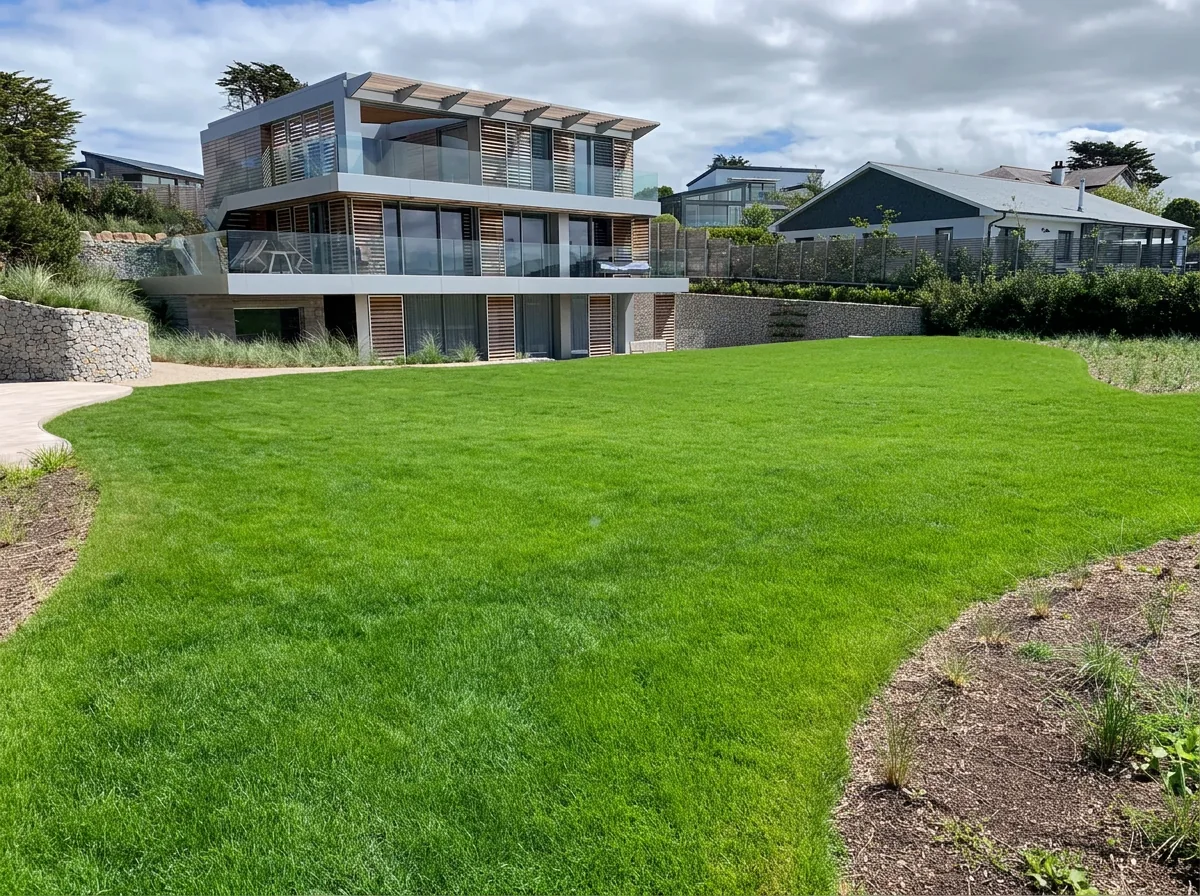 Healthy lawn at a contemporary coastal property in North Cornwall